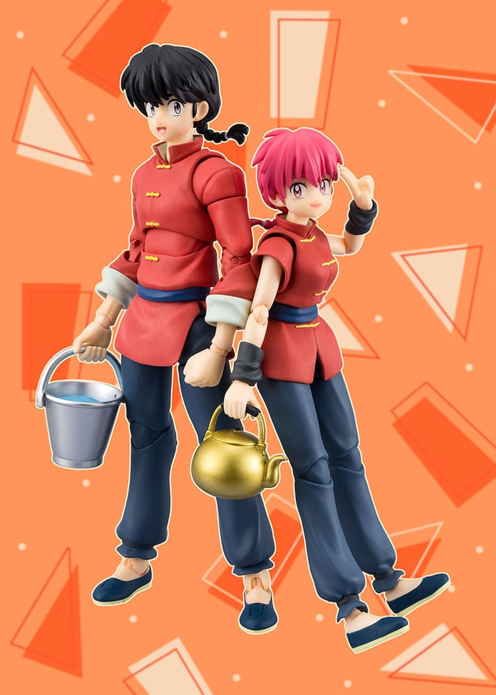 Red-haired Ranma S.H.Figuarts figure holding the kettle beside the male Ranma with a bucket