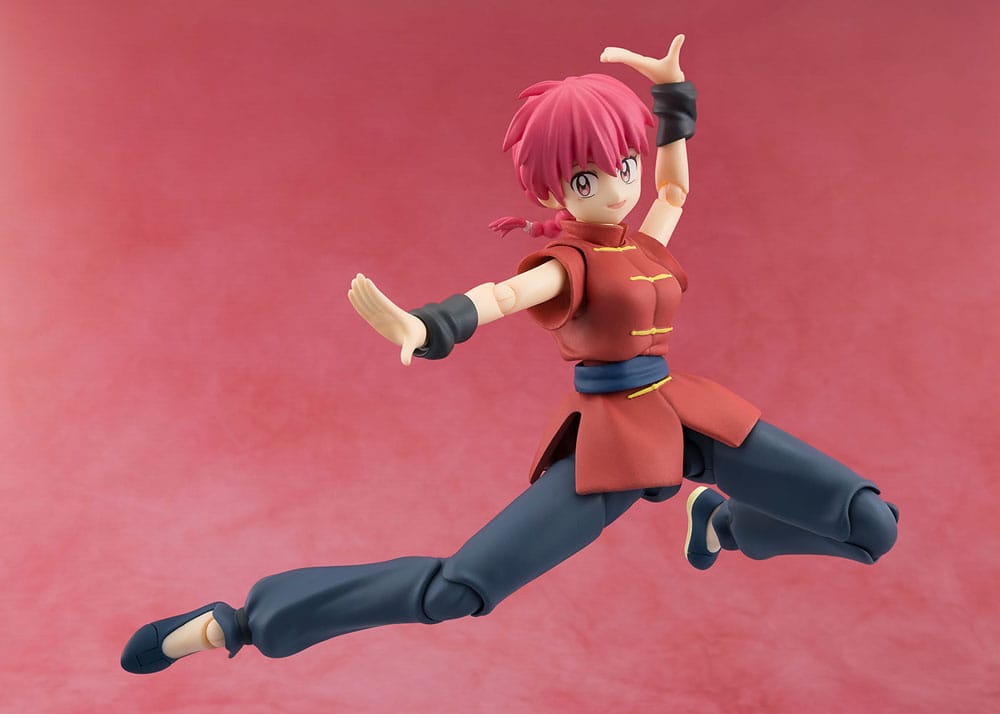 Ranma 1/2 S.H.Figuarts red-haired Ranma figure leaping mid-air with legs extended