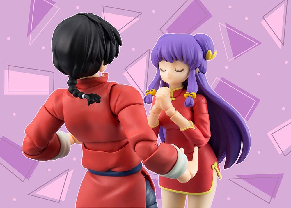 Ranma 1/2 S.H.Figuarts Shampoo figure with clasped hands posed beside a Ranma figure
