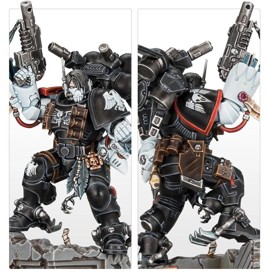 Close-ups of painted Kayvaan Shrike: pale face, Raven's Talons and black armour details