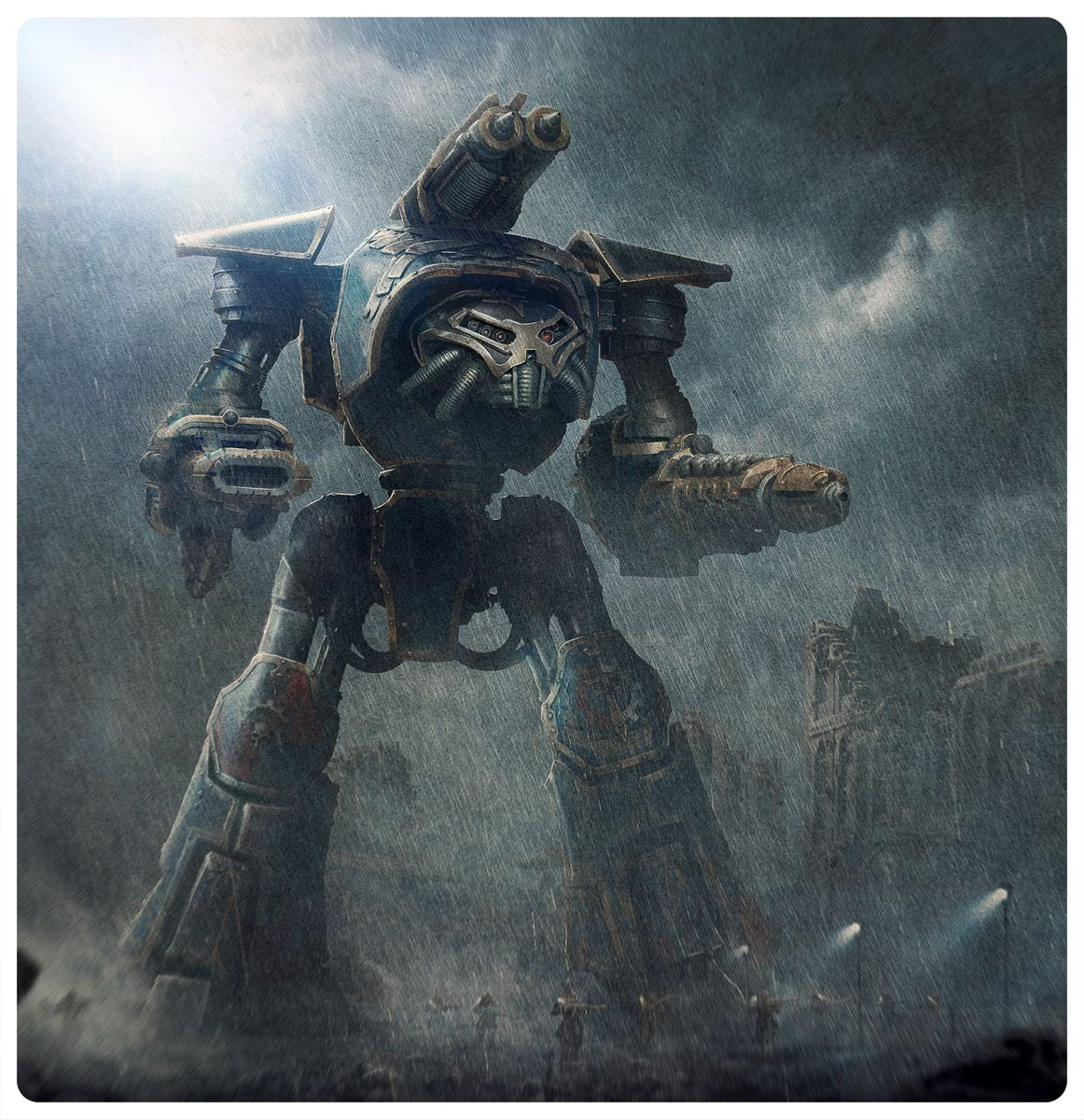Artwork of a Reaver Battle Titan striding through a stormy ruined battlefield
