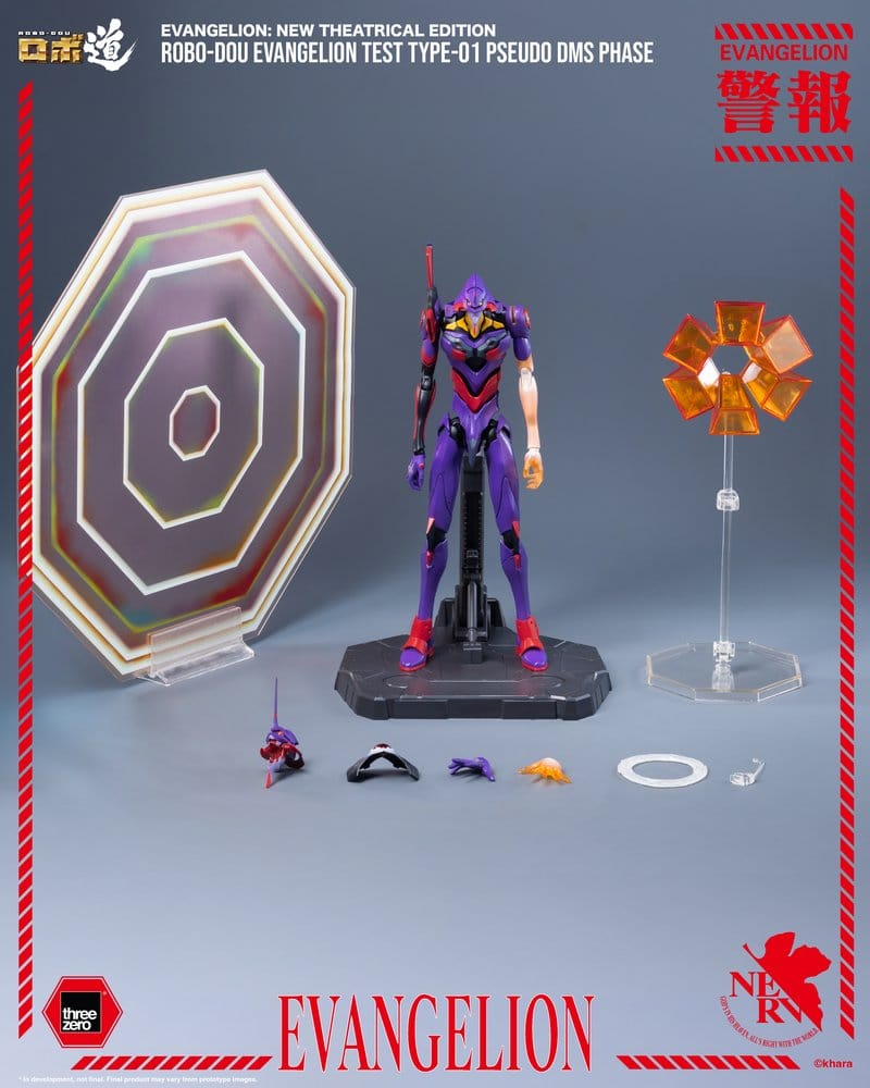 threezero Robo-Dou Evangelion Test Type-01 figure with A.T. Field effects, halo, stand and parts