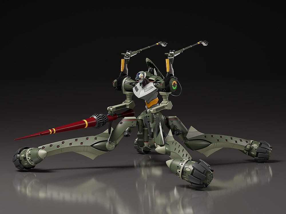 Built Evangelion Provisional Unit-05 Moderoid kit with red spear, low front view on dark backdrop