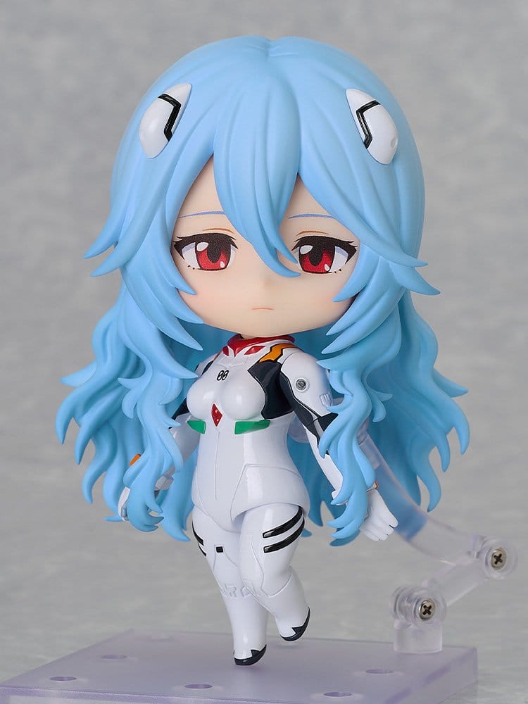Nendoroid Rei Ayanami Long Hair Ver. front view on clear stand with pondering face