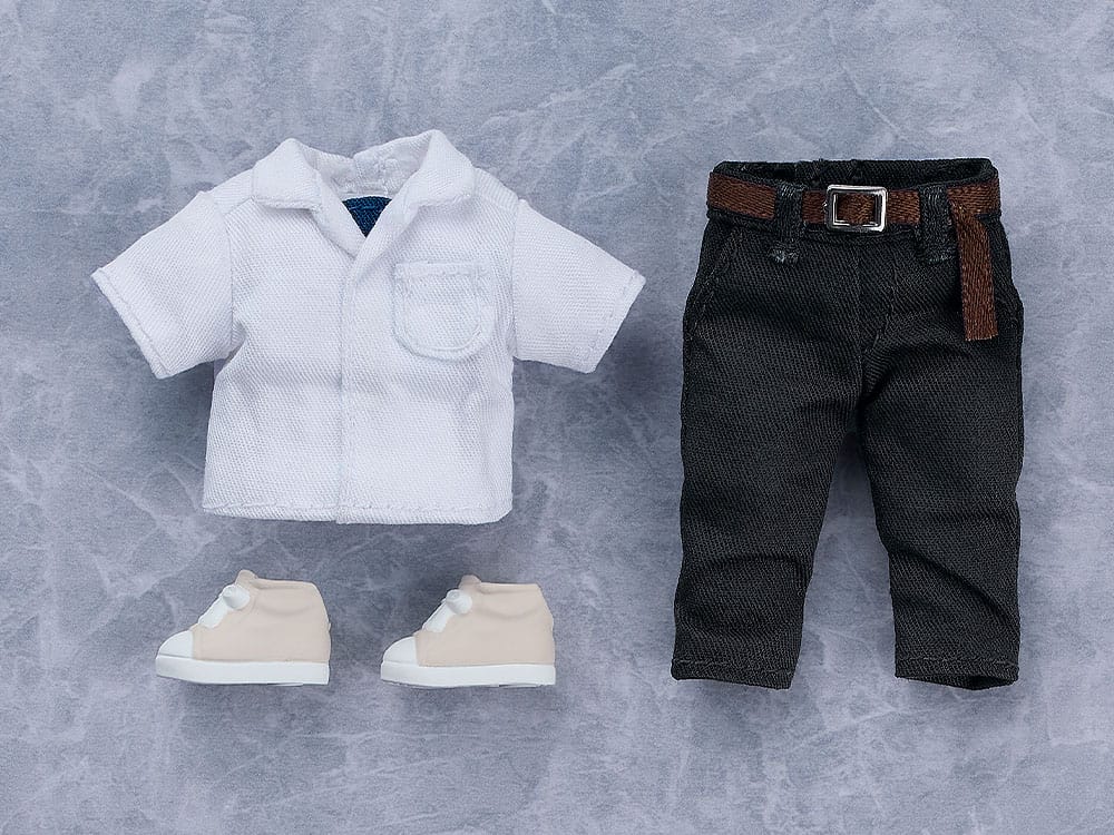 Shinji Ikari Nendoroid Doll outfit laid flat: white shirt, black trousers and trainers