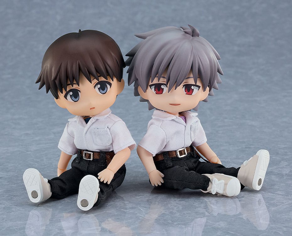 Shinji Ikari Nendoroid Doll sitting on the floor next to a Kaworu Nagisa Nendoroid Doll