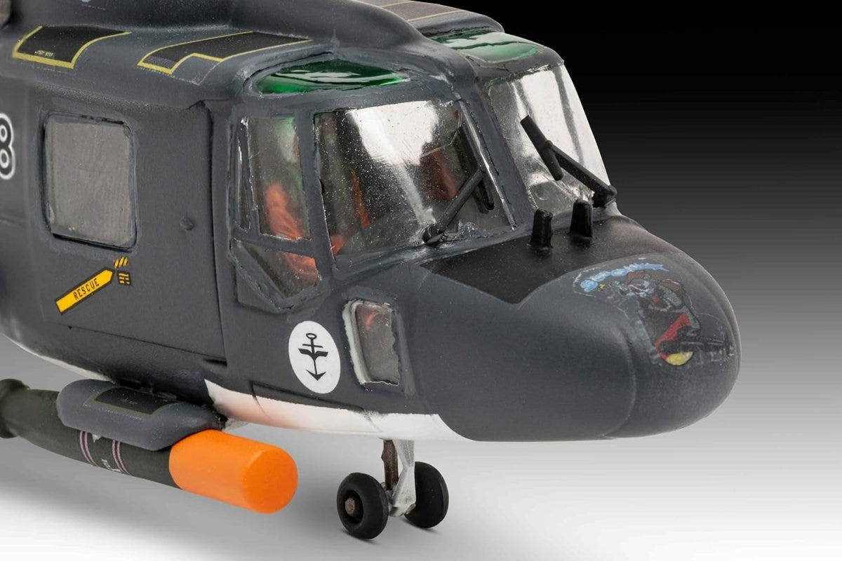 Close-up of the Revell Lynx Mk.88A cockpit nose, glazing and pilot figures