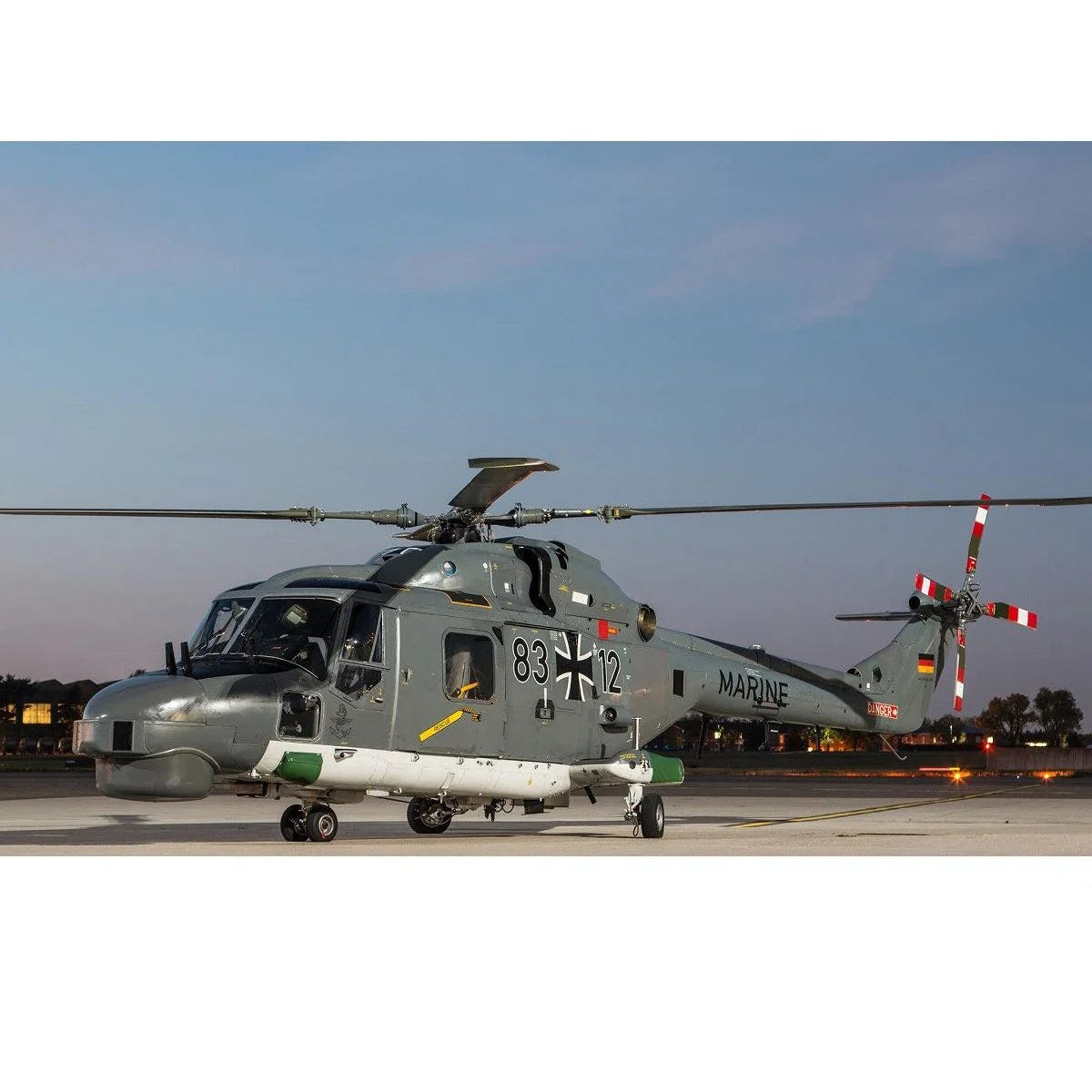 Full-size German Navy Westland Lynx helicopter on an airfield, reference for the Revell kit
