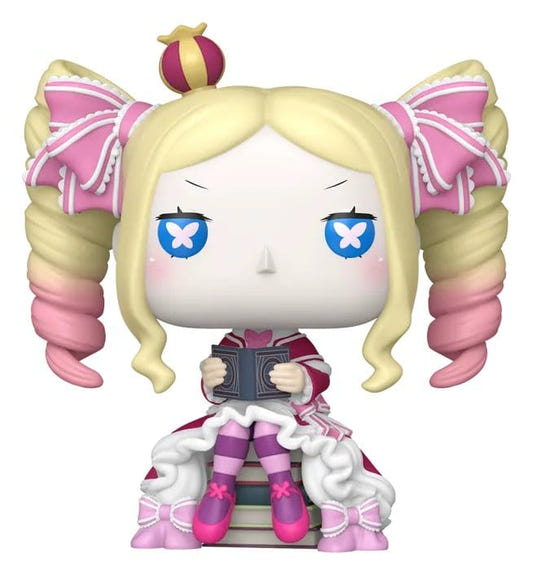 Funko Pop! Animation Beatrice vinyl figure from Re:Zero seated on books with pink ringlet curls