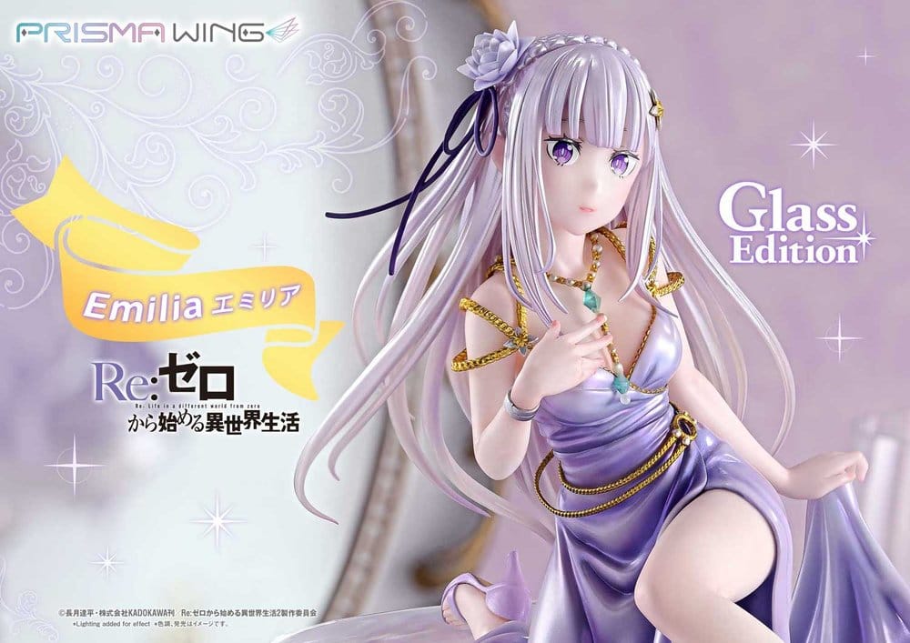 Prime 1 Studio Re:Zero Emilia Glass Edition 1/7 statue, close-up of upper body and face, promo banner