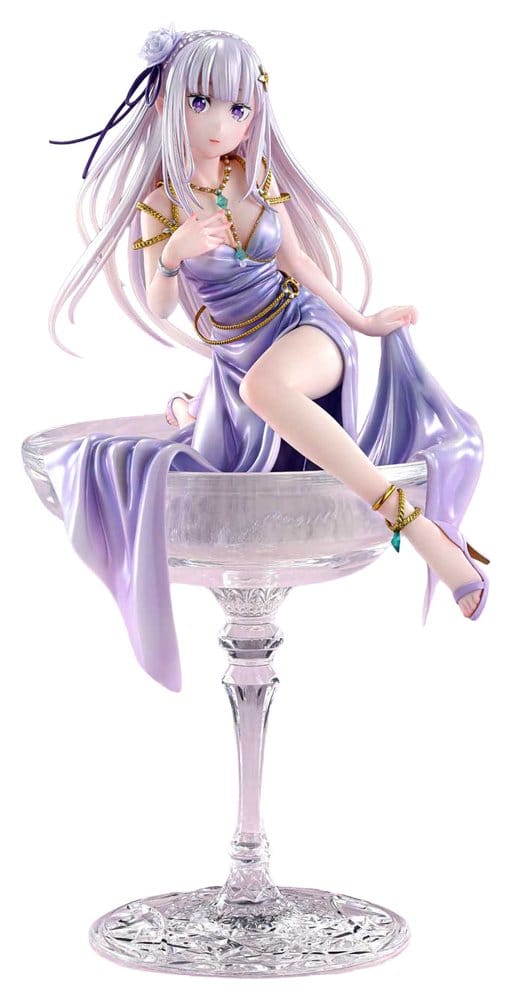 Prime 1 Studio Re:Zero Emilia Glass Edition 1/7 statue, full figure seated on a crystal glass, white background