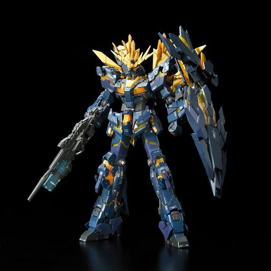 Bandai RG 1/144 Unicorn Gundam 02 Banshee Norn kit, assembled black and gold model with rifle