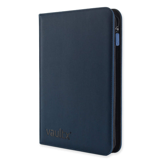 Blue leather-bound trading card binder with 'vaultx' branding on a white background