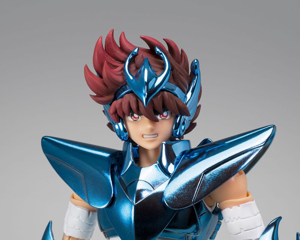 Close-up of Pegasus Seiya figure gritting his teeth, head gear on
