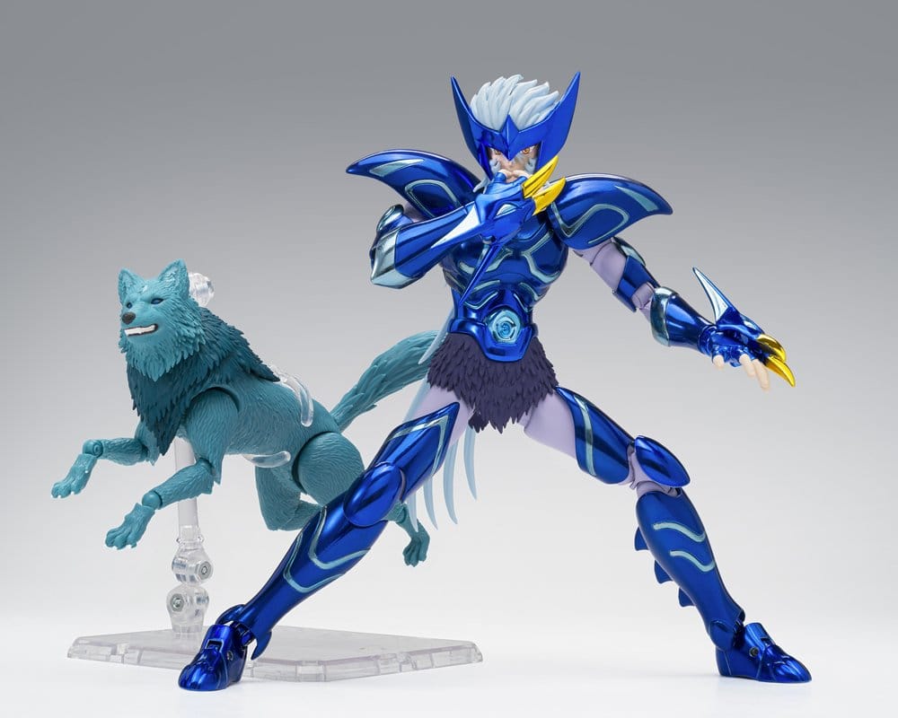 Saint Seiya Myth Ex Alioth Fenrir figure in a battle pose with his wolf leaping behind him