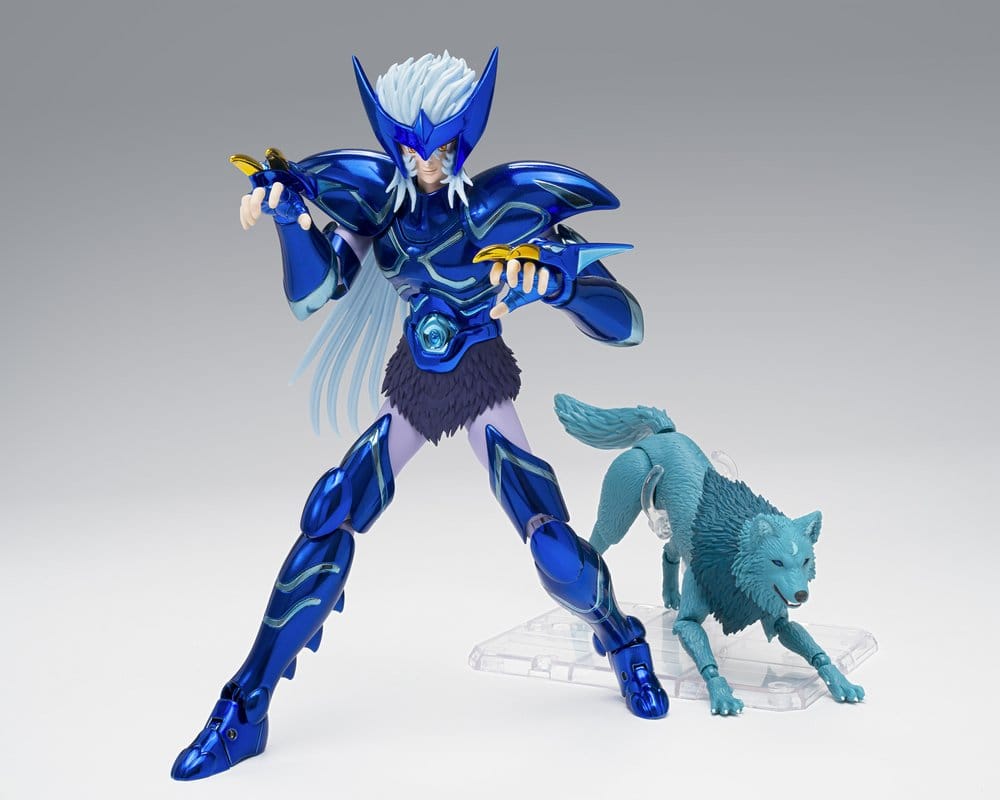 Saint Seiya Myth Ex Alioth Fenrir figure with claws raised beside his crouching wolf on a stand