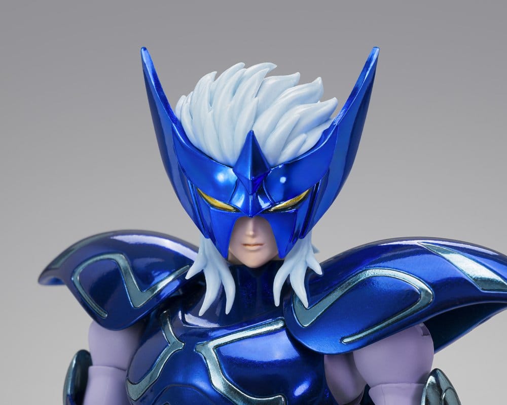 Close-up of the Saint Seiya Myth Ex Alioth Fenrir figure wearing his blue winged helmet