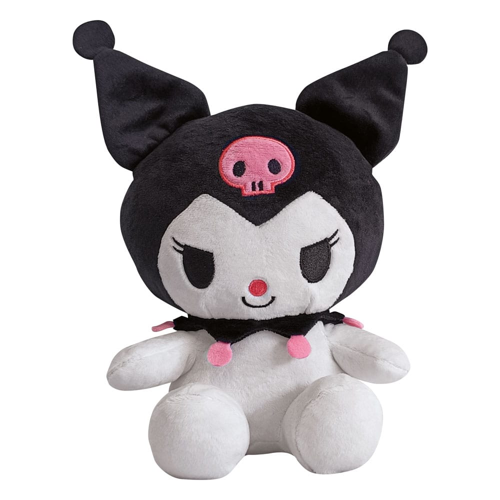 Sanrio Kuromi 24cm plush in black jester hood with pink skull, front view