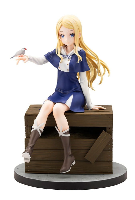 Kotobukiya Sasaki and Peeps 1/7 Elsa statue seated on a wooden crate with Peeps on her hand