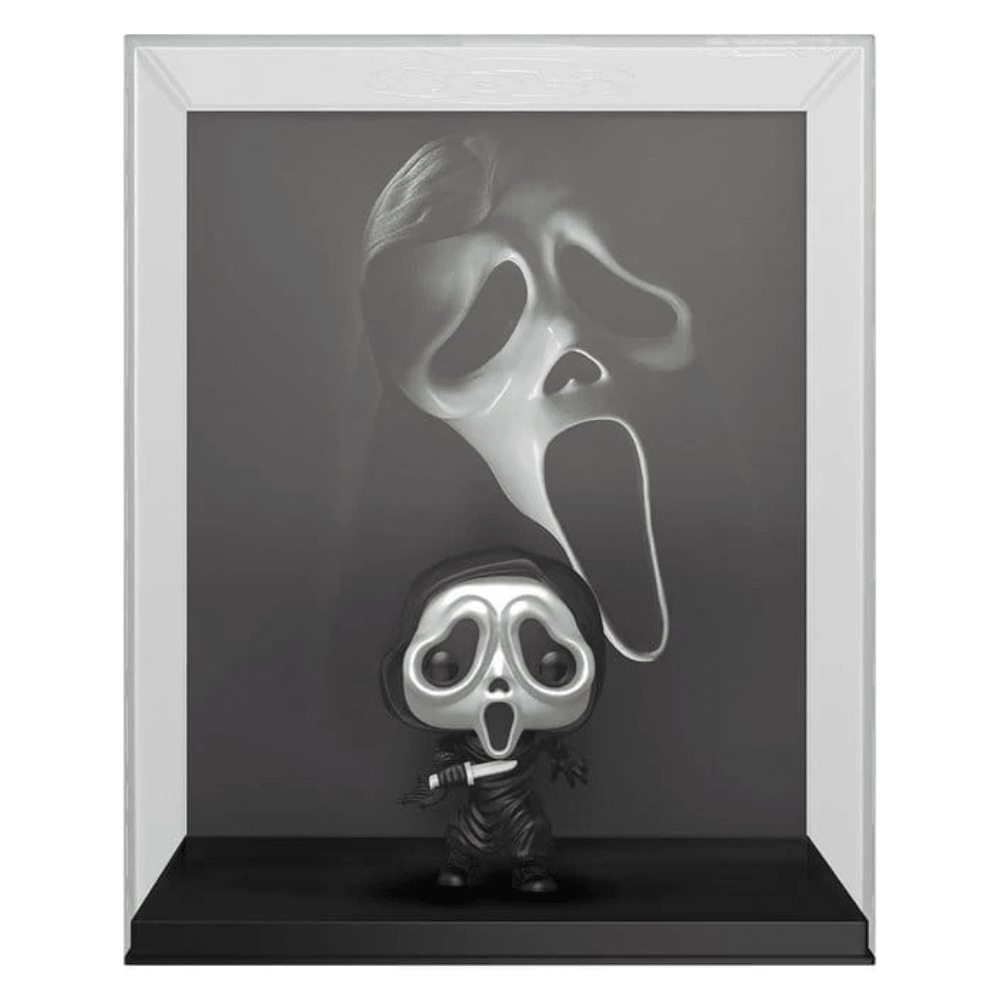 Funko POP! VHS Covers Scream Ghost Face figure in front of a monochrome VHS sleeve, in case