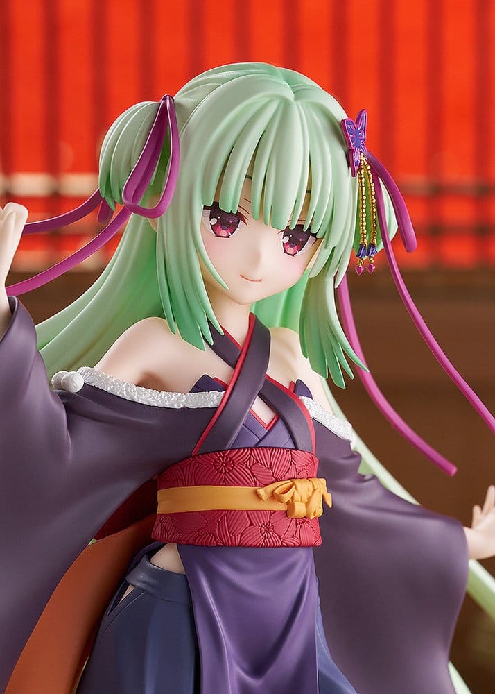 Close-up of Murasame figure's face, green hair with pink ribbons and purple kimono