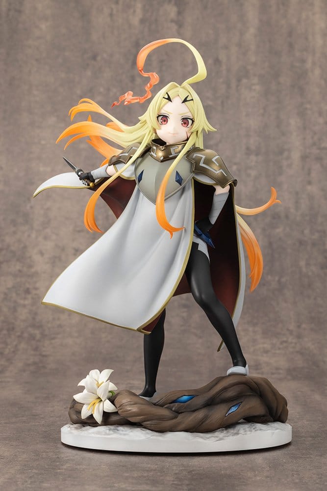 Front view of the Teoritta figure in white cloak and armour on a rocky base with lilies