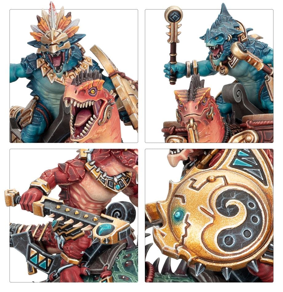 Close-ups of Aggradon Lancer rider heads, a war-drum, celestite club and ornate gold shield, Seraphon