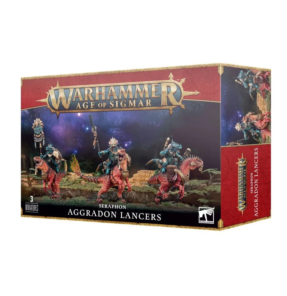 Games Workshop Seraphon Aggradon Lancers box front showing three saurus riders on red scaled steeds