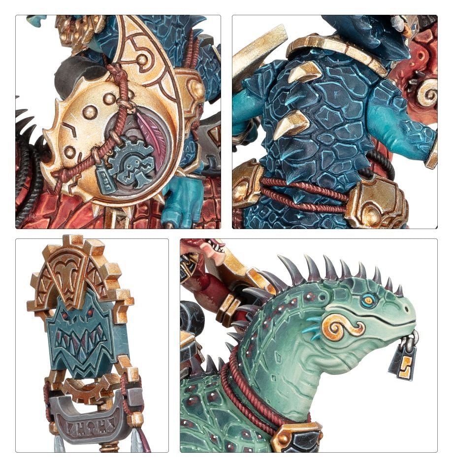 Close-ups of a painted Aggradon Lancer's gold shield, rider scales, icon banner and Aggradon head