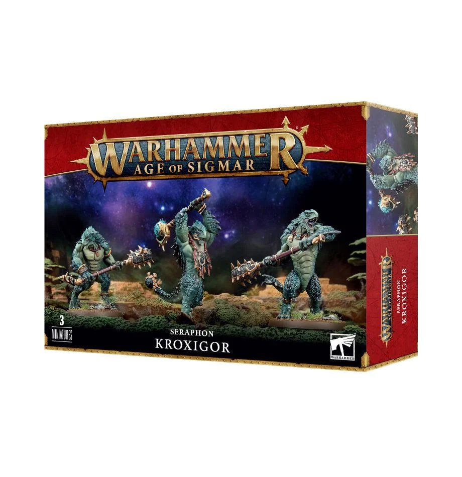 Games Workshop Seraphon Kroxigor box front showing three painted Kroxigor with mauls