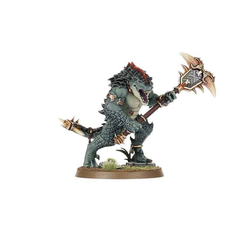 Painted Seraphon Kroxigor Warspawned lunging with a bone-bladed maul, side view