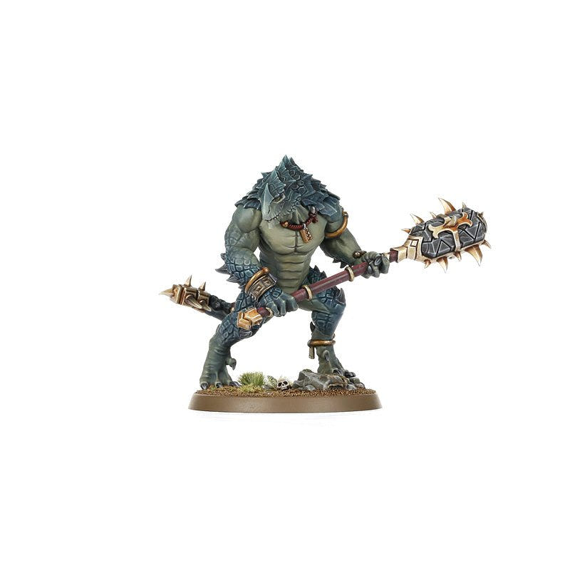 Painted Seraphon Kroxigor holding a spiked drakebite maul across its body, front view