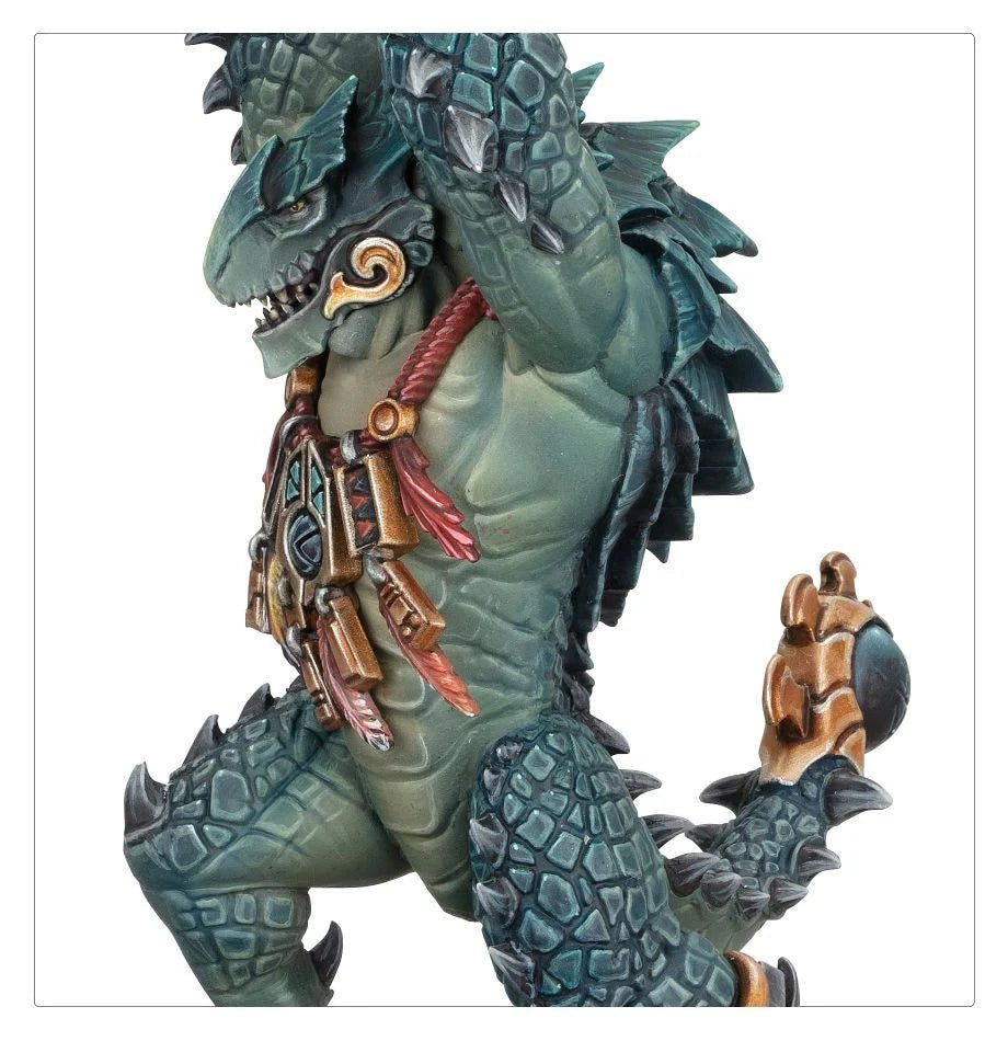 Close-up of a painted Kroxigor's scaled back, necklace and gold-trimmed maul, Seraphon