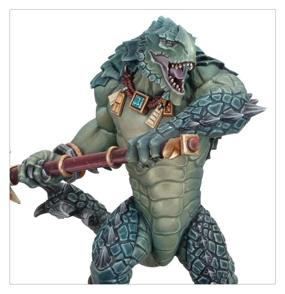 Close-up of a painted Kroxigor's toothy head and muscled torso gripping a maul, Seraphon