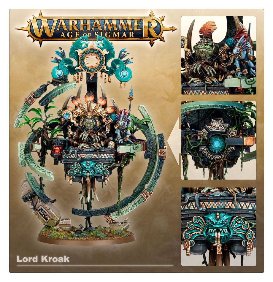Age of Sigmar Seraphon Lord Kroak painted model with close-ups of the slann and palanquin details