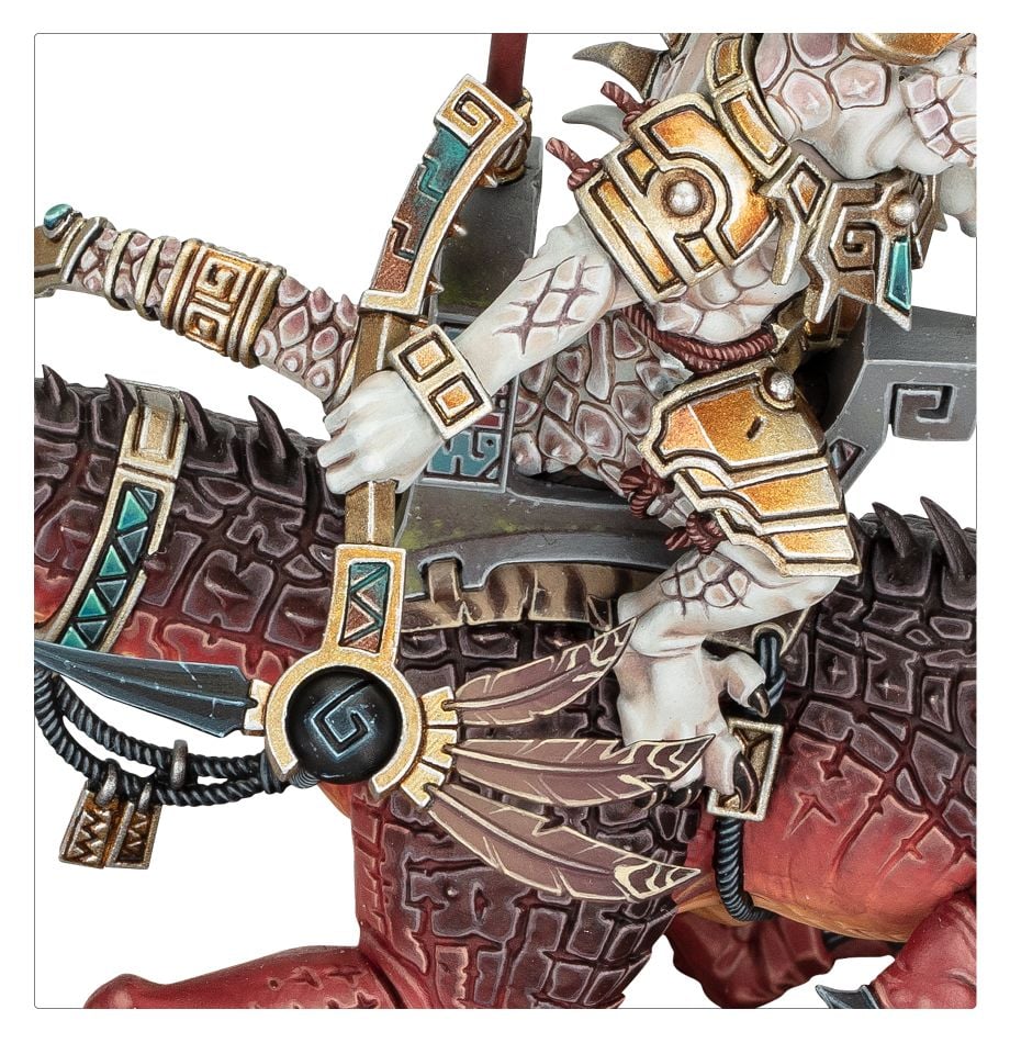 Close-up of the Saurus Scar-Veteran's saddle, armour and Aggradon's red scales