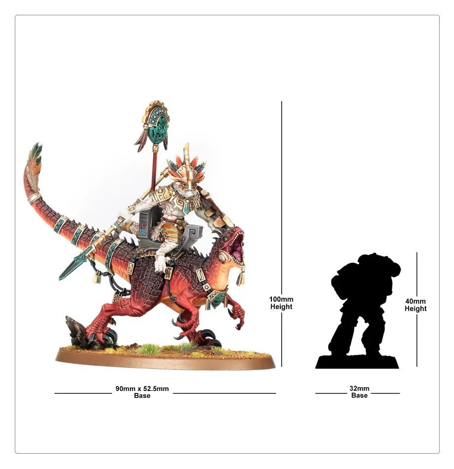 Seraphon Saurus Scar-Veteran on Aggradon size guide, 100mm tall on 90x52mm oval base