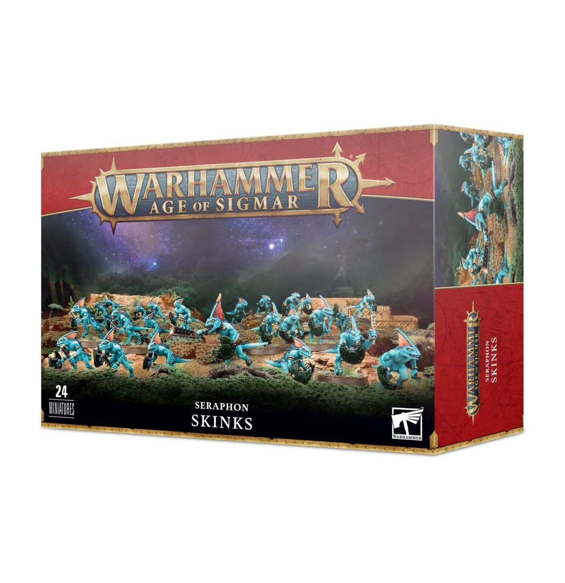 Warhammer Age of Sigmar Seraphon Skinks box front with 24 miniatures