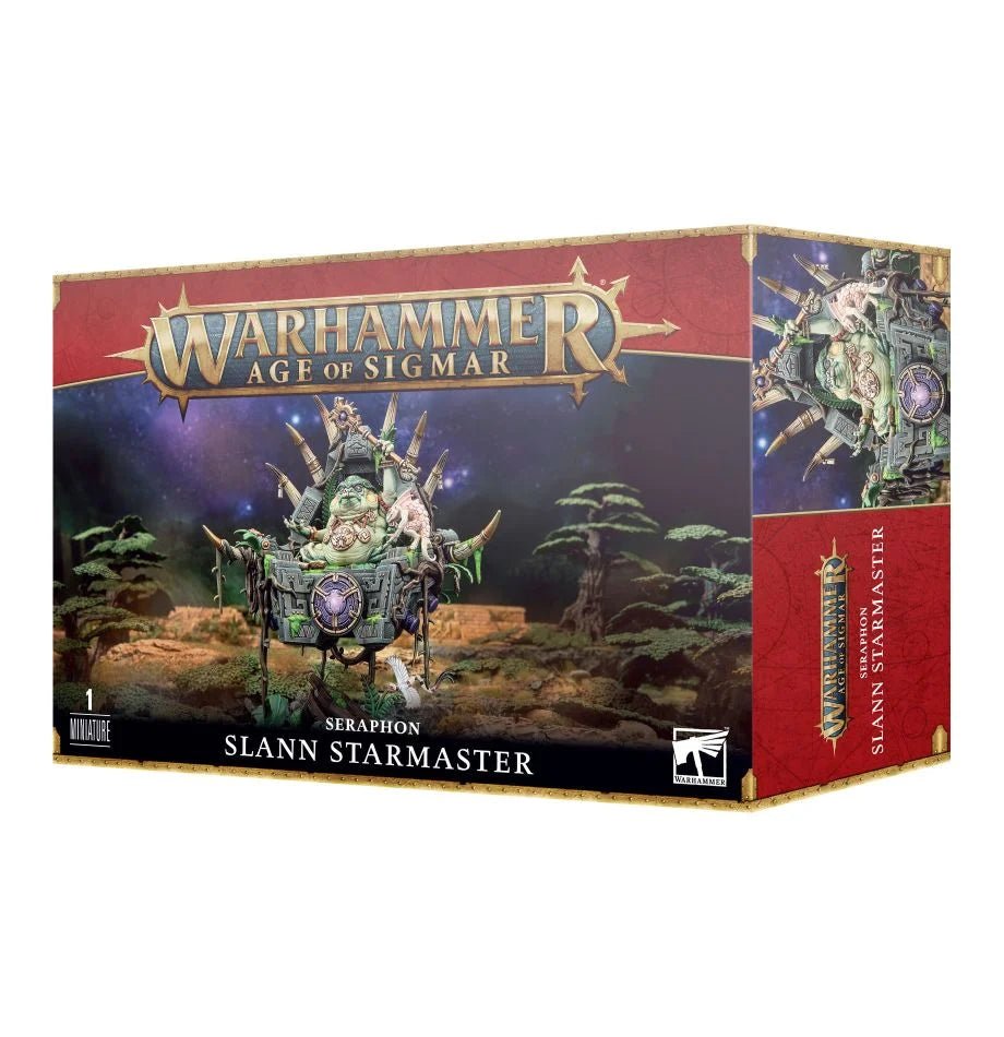 Games Workshop Age of Sigmar Seraphon Slann Starmaster box front showing the mage-priest on palanquin