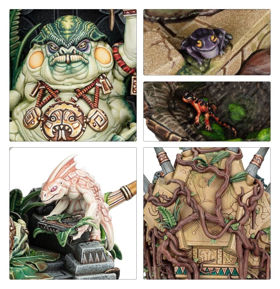 Close-ups of a painted Slann Starmaster face, pale lizard pet and carved palanquin panels