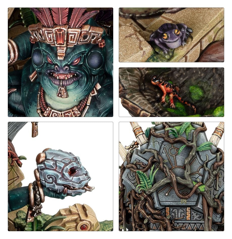 Close-ups of the painted Slann Starmaster's feathered headdress, skink attendant and vine-wrapped palanquin
