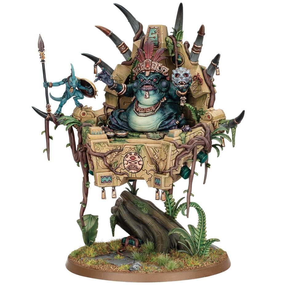 Painted Slann Starmaster on a sandstone palanquin with a spear-armed skink attendant, alternative scheme