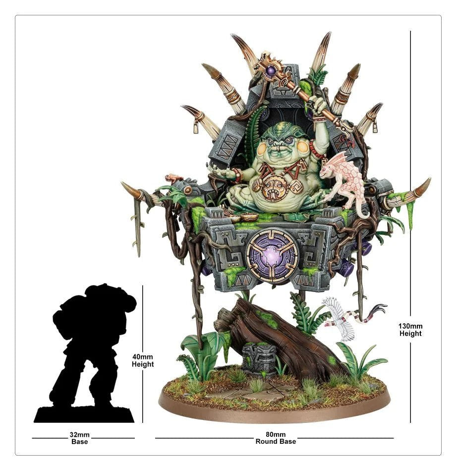 Slann Starmaster size guide next to a 40mm figure silhouette, shown on its 80mm round base