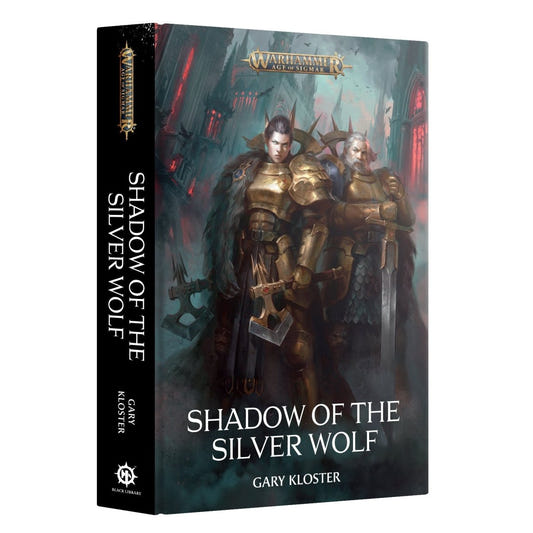 Warhammer 40k: Shadow of the Silver Wolf board game box by Gary Kloster, featuring a detailed cover illustration of armored warriors against a dark, atmospheric background.