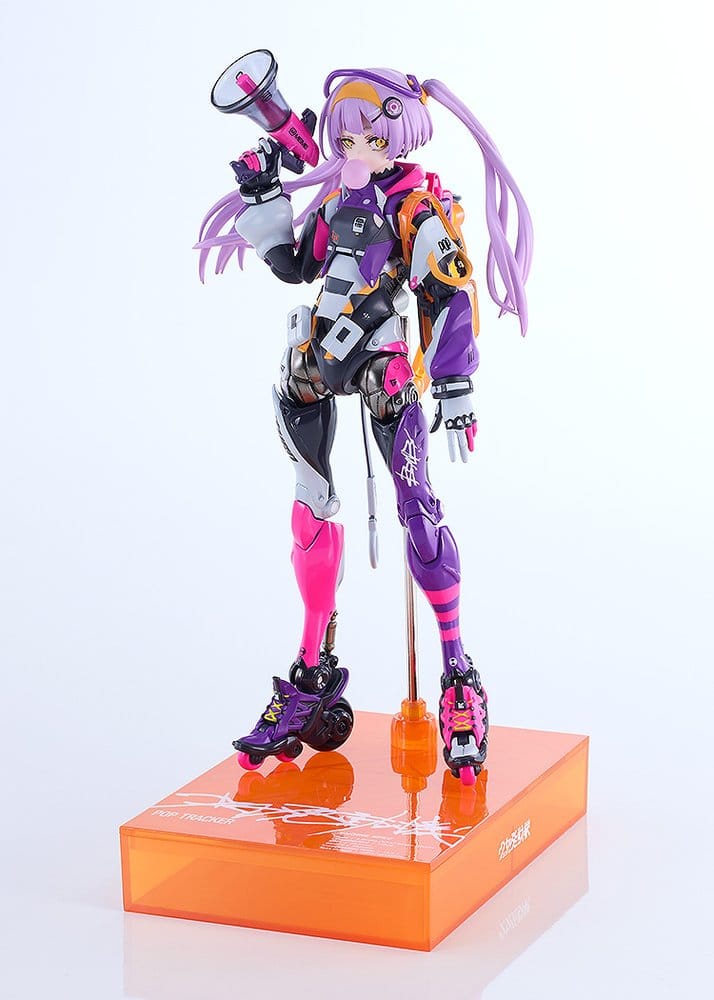 Front view of the Pop Tracker cyborg figure on her orange display base, Max Factory