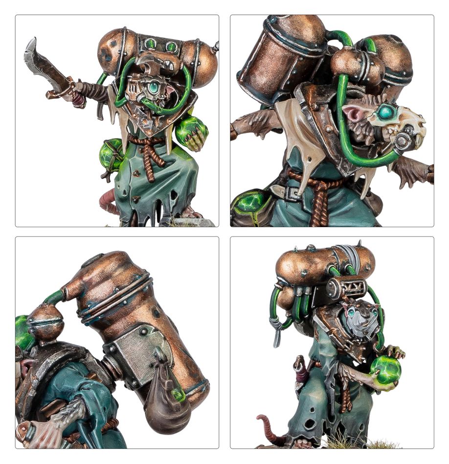 Close-ups of painted Acolyte Globadiers: knife, masked heads and pressurised tanks