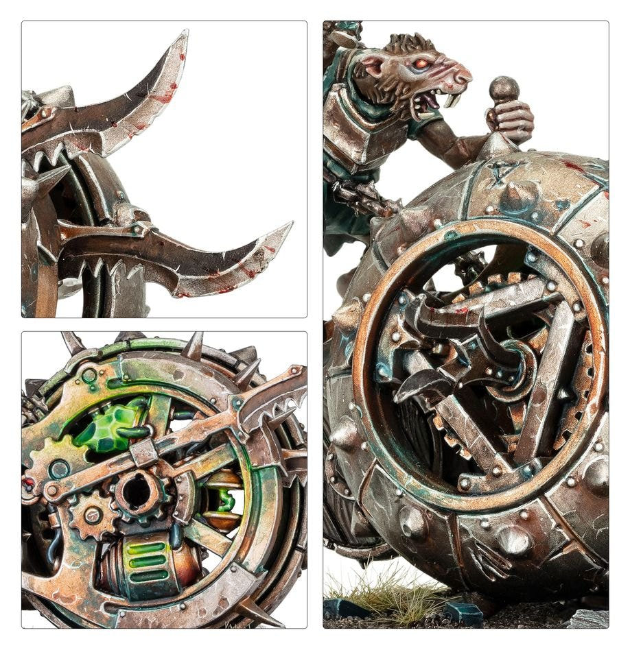 Close-ups of the Doom-Flayer: curved blades, glowing green warp-engine and rusted wheel