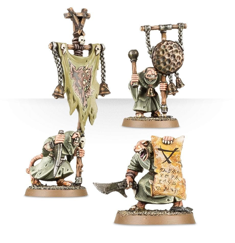 Painted Plague Monks command models: Contagion Banner, Doom Gong and Book of Woe