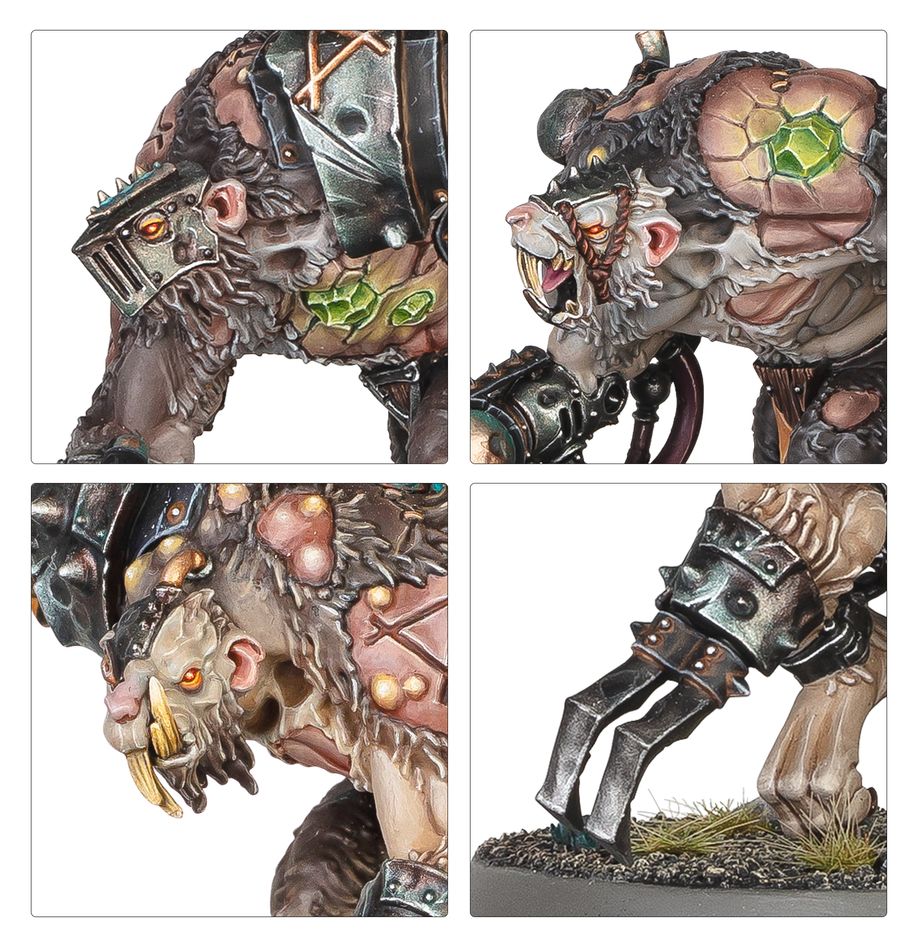 Close-up panels of painted Rat Ogors' armoured heads, warpstone growths and blade arm