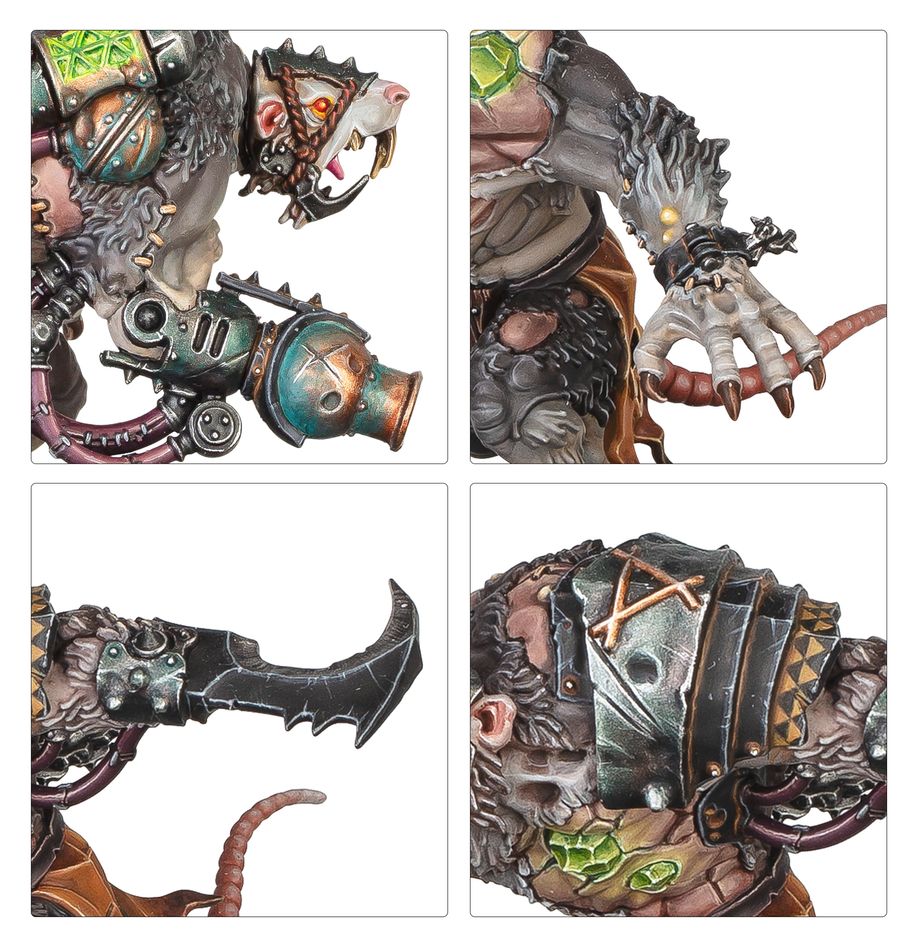 Close-up panels of a Rat Ogor's warpfire gun, clawed hand, blade and armour straps